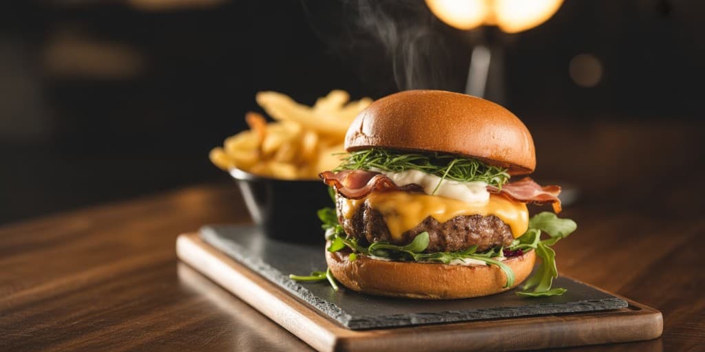 Gourmet Bacon-Cheeseburger auf dunklem Slate, Dampf, Pommes im Hintergrund, warmes Restaurantlicht